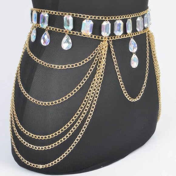 Metal Layered Chain Belt W/Acrylic Stone - Picture 2 of 2